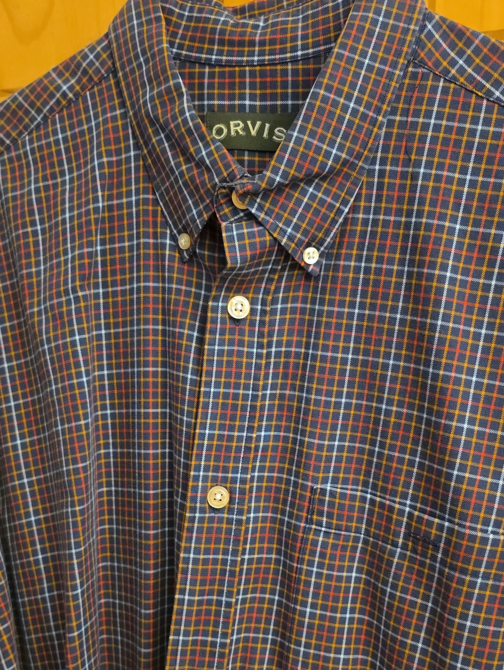 Orvis Blue and Orange Plaid Button-Down Shirt